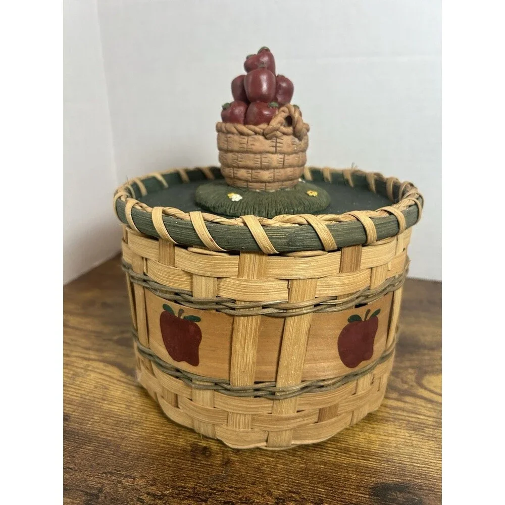 Vintage Apple Basket Cookie Jar Canister Woven Wood Country Cottage Decor Box
